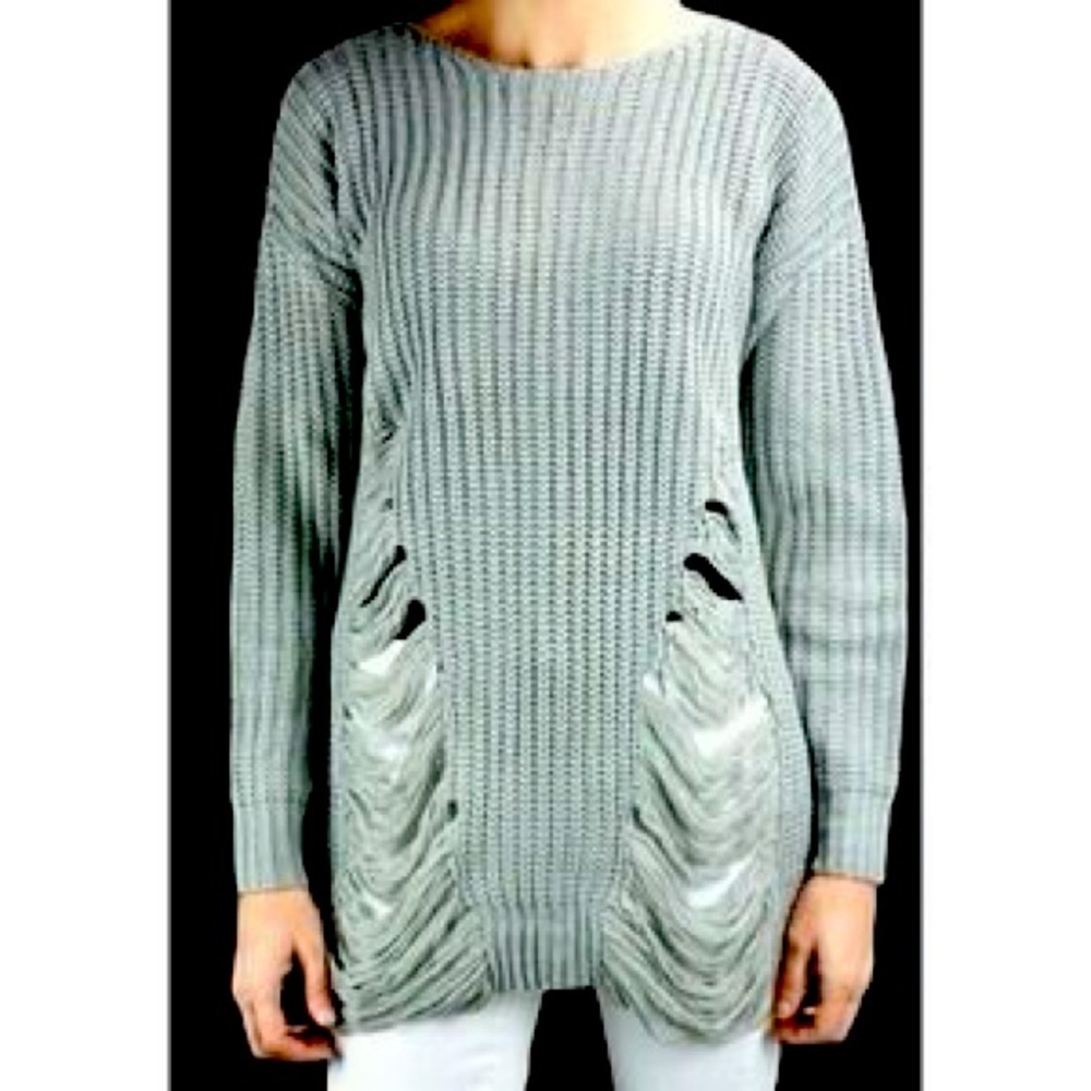 Elan l Grey Crew Neck Distressed Sweater